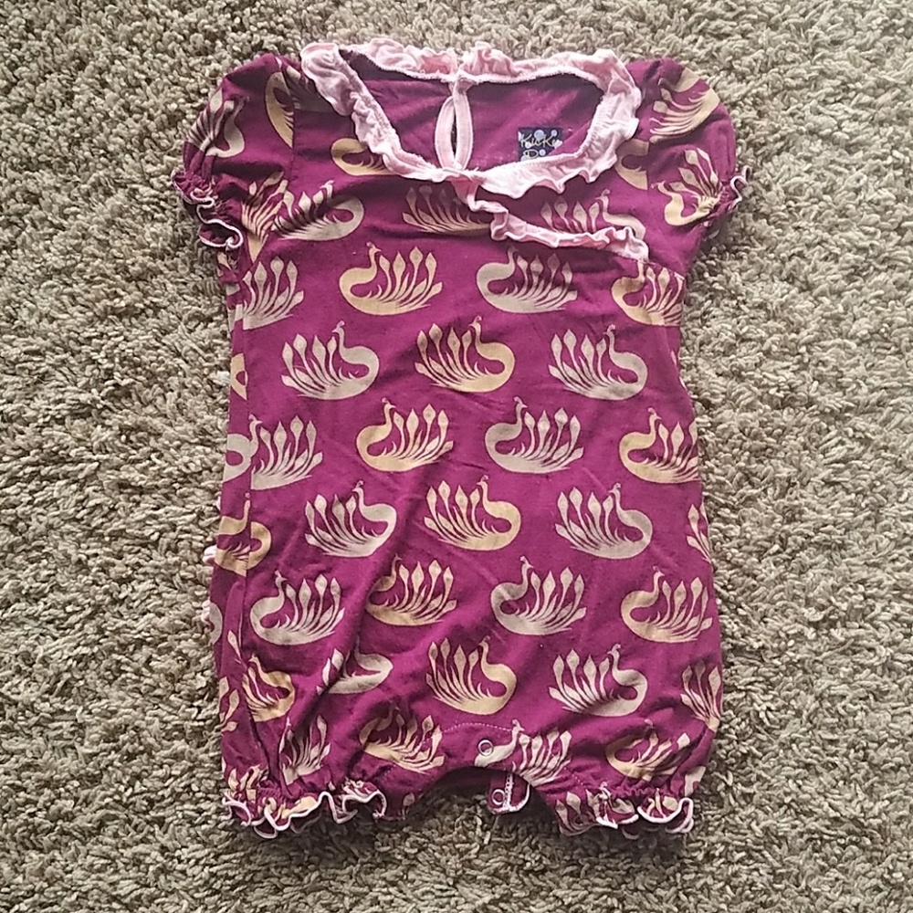 Pink and Purple Ruffle Romper Gold Peacock Detail